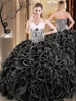 Black Vestidos de Quinceanera Military Ball and Sweet 16 and Quinceanera with Ruffles and Pattern Sweetheart Sleeveless Lace Up