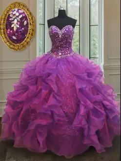 Sweetheart Sleeveless 15th Birthday Dress Floor Length Beading and Ruffles and Sequins Purple Organza