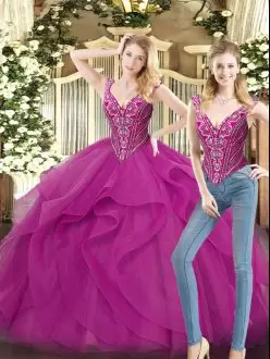 Colorful Sleeveless V-neck Lace Up Floor Length Beading and Ruffles Sweet 16 Quinceanera Dress V-neck