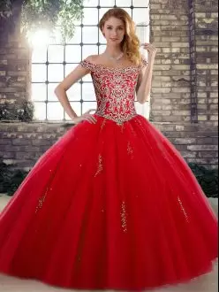 Hot Sale Red Sleeveless Floor Length Beading Lace Up 15 Quinceanera Dress Off The Shoulder