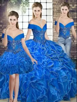 Wonderful Sleeveless Floor Length Beading and Ruffles Lace Up Sweet 16 Dresses with Royal Blue