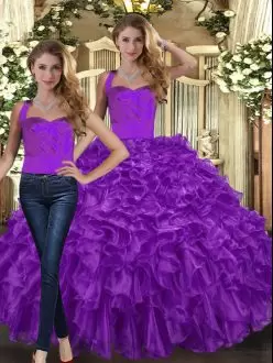 Noble Sleeveless Floor Length Ruffles Lace Up Sweet 16 Dresses with Purple