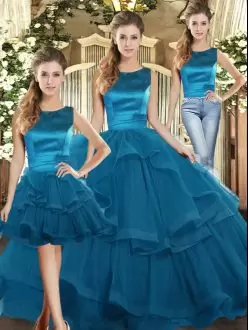 Modest Three Pieces Quinceanera Dresses Teal Scoop Tulle Sleeveless Floor Length Lace Up