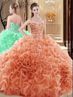 Charming Orange Quinceanera Dress Prom and Military Ball and Sweet 16 and Quinceanera with Embroidery and Ruffles and Pick Ups Sweetheart Sleeveless Lace Up