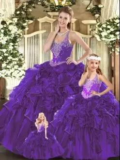Exceptional Ball Gowns Vestidos de Quinceanera Purple Straps Organza Sleeveless Floor Length Lace Up