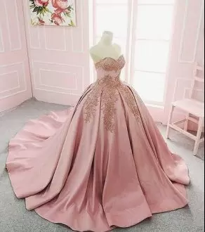 Pink Ball Gowns Sweetheart Sleeveless Satin With Train Court Train Lace Up Appliques 15 Quinceanera Dress