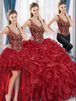 High Class V-neck Sleeveless Organza Quinceanera Gowns Beading and Ruffles Lace Up