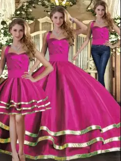 Best Selling Sleeveless Tulle Floor Length Lace Up 15th Birthday Dress in Fuchsia with Ruffled Layers