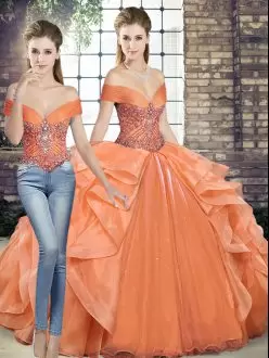 Orange Sleeveless Organza Lace Up Quinceanera Dresses for Military Ball and Sweet 16 and Quinceanera