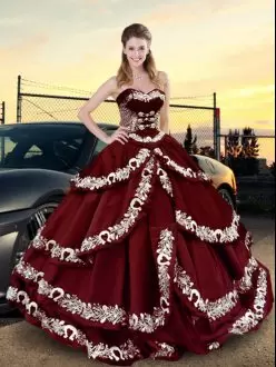 Latest Wine Red Sweetheart Neckline Embroidery and Ruffled Layers Vestidos de Quinceanera Sleeveless Lace Up