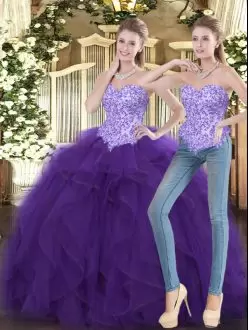 Purple Tulle Lace Up Quinceanera Gown Sleeveless Floor Length Beading and Ruffles