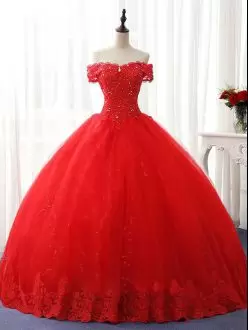 Red Off The Shoulder Neckline Beading and Ruffles Sweet 16 Dresses Sleeveless Lace Up