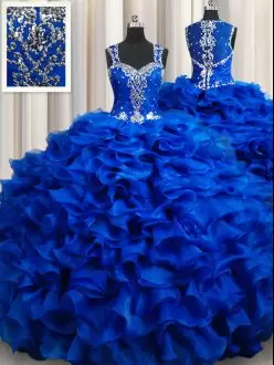 Floor Length Royal Blue Quinceanera Dresses Straps Sleeveless Lace Up