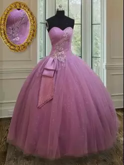 Fabulous Sleeveless Tulle Floor Length Lace Up Quinceanera Dress in Lilac with Beading and Belt