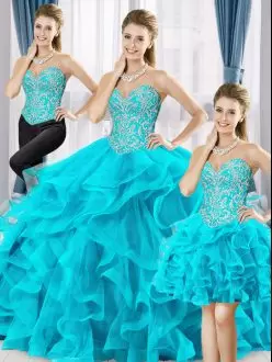 Sumptuous Aqua Blue Vestidos de Quinceanera Military Ball and Sweet 16 and Quinceanera with Beading and Ruffles Sweetheart Sleeveless Lace Up