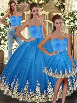 Hot Sale Baby Blue Three Pieces Sweetheart Sleeveless Tulle Floor Length Lace Up Embroidery Sweet 16 Dresses