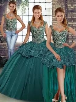 Attractive Sleeveless Straps Beading and Appliques Lace Up Sweet 16 Dresses