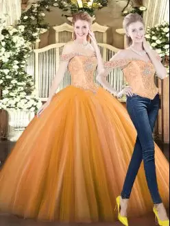 Orange Red Two Pieces Beading Sweet 16 Quinceanera Dress Lace Up Tulle Sleeveless Floor Length