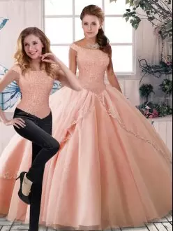 Comfortable Peach Sleeveless Tulle Brush Train Lace Up Sweet 16 Dress for Military Ball and Sweet 16 and Quinceanera