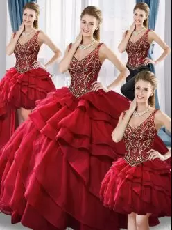 Floor Length Wine Red 15 Quinceanera Dress V-neck Sleeveless Lace Up