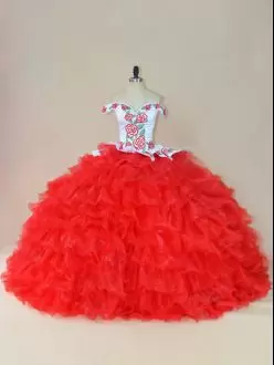 Beautiful Off Shoulder Embroidery and Ruffles White And Red Sweet 16 Quinceanera Dress with Brush Train