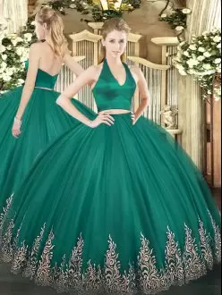 Dark Green Two Pieces Appliques Ball Gown Prom Dress Zipper Tulle Sleeveless Floor Length
