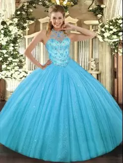 Fabulous Aqua Blue Tulle Lace Up Halter Top Sleeveless Floor Length Quinceanera Dress Beading and Embroidery