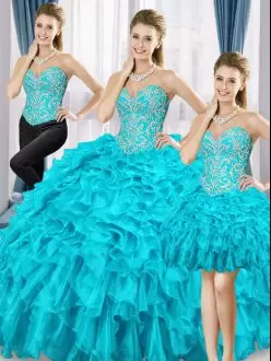 Vintage Sleeveless Organza Floor Length Lace Up Quinceanera Gown in Aqua Blue with Beading and Ruffles