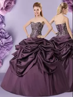 Simple Dark Purple Taffeta Pick-up Quinceanera Dress with Embroidery