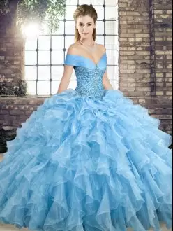 Off The Shoulder Sleeveless Organza Ball Gown Prom Dress Beading and Ruffles Brush Train Lace Up