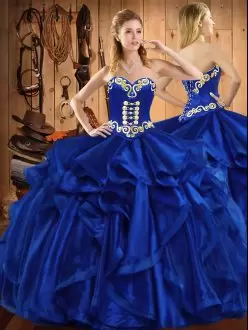 Inexpensive Royal Blue Ball Gowns Organza Sweetheart Sleeveless Embroidery and Ruffles Floor Length Lace Up Sweet 16 Quinceanera Dress