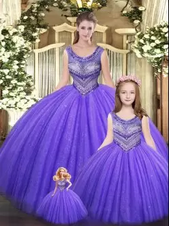 Customized Scoop Sleeveless Lace Up Vestidos de Quinceanera Eggplant Purple Tulle Beading