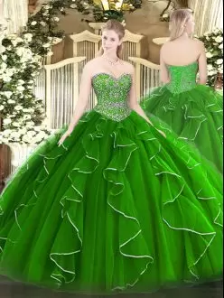 Designer Green Sweetheart Lace Up Beading and Ruffles Quinceanera Gown Sleeveless