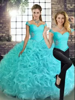 Aqua Blue Two Pieces Beading Quinceanera Dress Lace Up Fabric With Rolling Flowers Sleeveless Floor Length