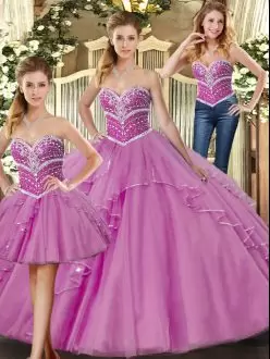 Dramatic Lilac Lace Up Sweetheart Beading Quinceanera Dress Tulle Sleeveless