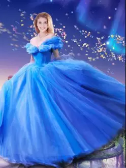 Modest Royal Blue Tulle Off Shoulder Cinderella Theme 15 Quinceanera Dress