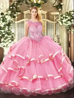 Baby Pink Scoop Zipper Illusion Neck Beaded Bodice and Ruffled Layers Quinceanera Dress