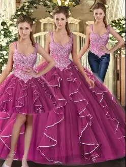Charming Tulle Straps Sleeveless Lace Up Beading and Ruffles Quince Ball Gowns in Fuchsia