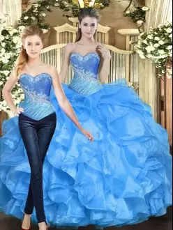 Pretty Organza Sweetheart Sleeveless Lace Up Beading and Ruffles 15th Birthday Dress in Baby Blue