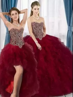 Burgundy Ball Gowns Sweetheart Sleeveless Tulle Floor Length Lace Up Beading and Ruffles Quinceanera Dresses