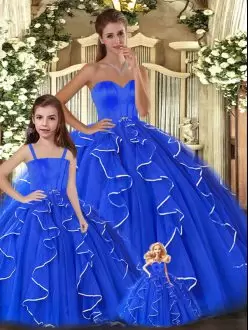 Floor Length Lace Up Sweet 16 Dresses Blue for Sweet 16 and Quinceanera with Beading and Ruffles