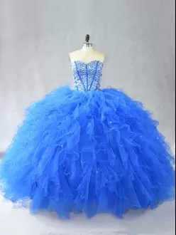 Glittering Blue Sleeveless Beading and Ruffles Floor Length Quinceanera Dresses