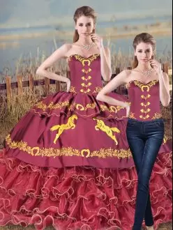 Burgundy Vestidos de Quinceanera Sweet 16 and Quinceanera with Embroidery and Ruffles Sweetheart Sleeveless Brush Train Lace Up