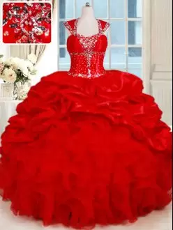 Custom Made Red Cap Sleeves Floor Length Ruffles and Pick Ups Backless 15 Quinceanera Dress Sweetheart