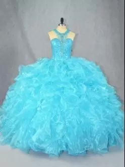 Aqua Blue Halter Ruffles Sleeveless Sweet 16 Dress Big Skirt