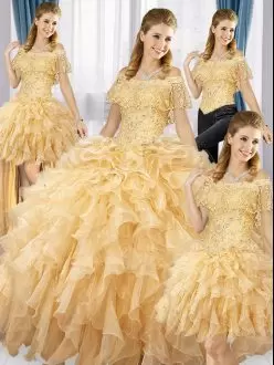 Sumptuous Floor Length Gold Quinceanera Dress Off The Shoulder Sleeveless Lace Up