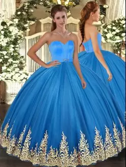 High Quality Blue Quinceanera Dress Military Ball and Sweet 16 and Quinceanera with Appliques Sweetheart Sleeveless Lace Up