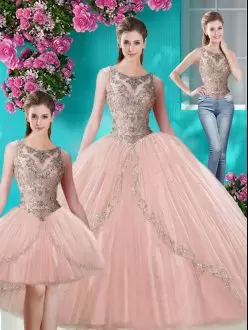 Peach Scoop Neckline Beading and Appliques Ball Gown Prom Dress Sleeveless Lace Up