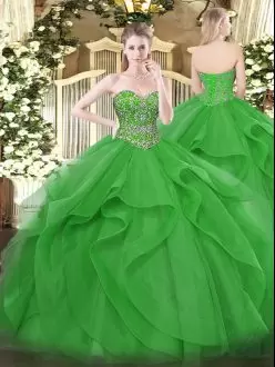 Green Ball Gowns Beading and Ruffles Quinceanera Dress Lace Up Tulle Sleeveless Floor Length