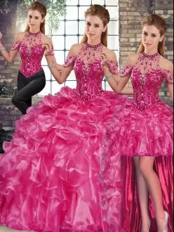 Exceptional Sleeveless Floor Length Beading and Ruffles Lace Up Sweet 16 Dress with Fuchsia